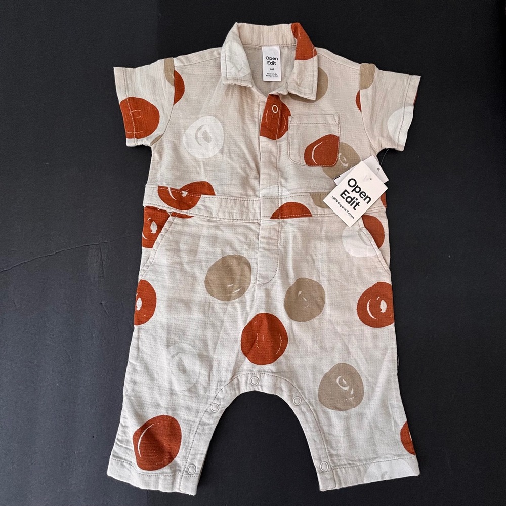 Open Edit Baby 6M Romper Organic Cotton Beige Rainy Day Doodle Dots Mod